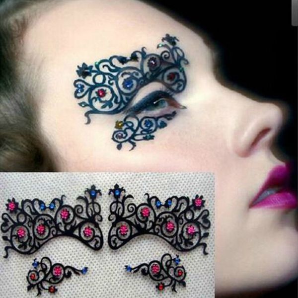 Moda Rhinestone Colorido Preto Hollow Lace Lace Eyes Máscara Eyelashes Stickers for Ballroom Theme Party Frete grátis