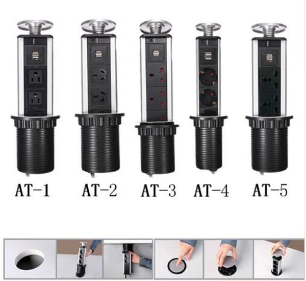 

2018 usa/uk/eu/au hidden kitchen tablepop up socket power orvibo 1 led+3*power+2 charge usb aluminum shelf silver/black cap