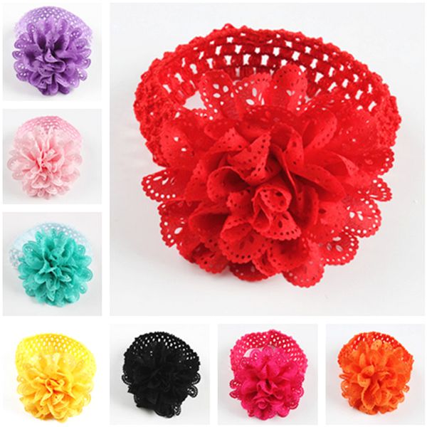 Nova Venda Quente 10 Cores Crianças Chiffon Lace Flor Crochet Headband Do Bebê Meninas Elásticas headbands lote Dress Up Acessórios Para o Cabelo Transporte Rápido