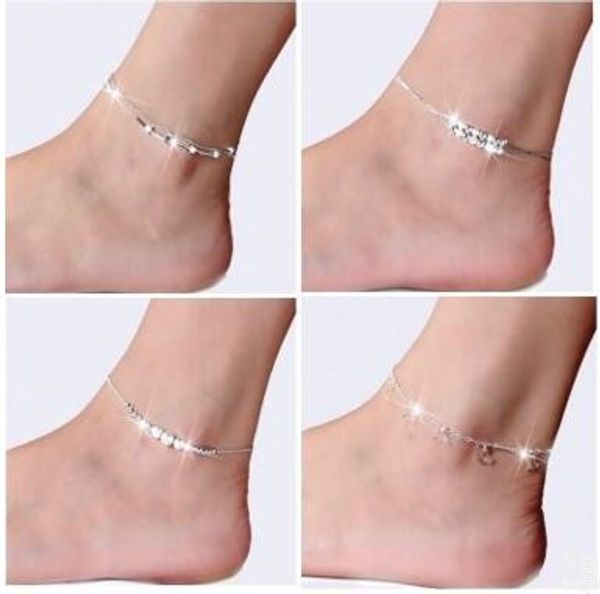 

fashion 925 sterling silver anklets for women ladies girls unique nice simple beads silver chain anklet ankle foot jewelry gift, Red;blue