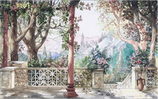 

deskwallpaper green woods roman columns ink landscape oil painting wall background