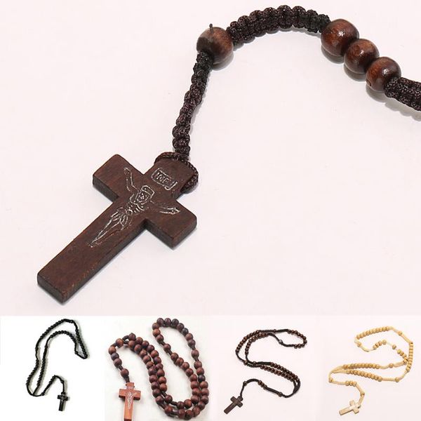 

Wholesale-Retro Style Men Women Catholic Christ Wooden Rosary Bead Cross Pendant Woven Rope Necklace 8mm