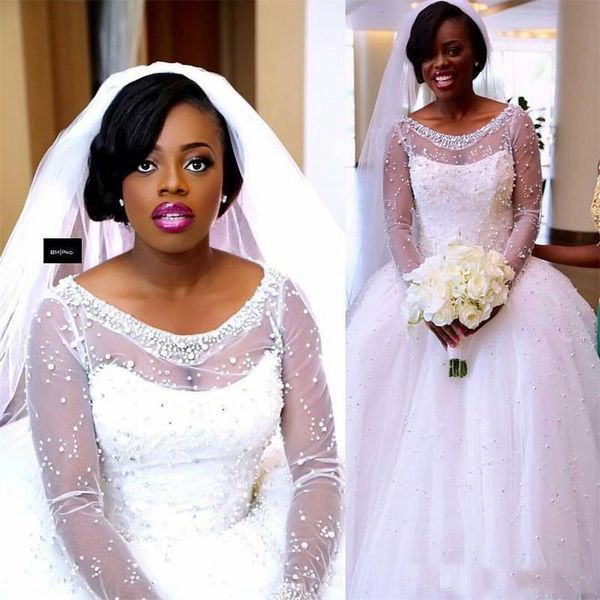 

африканские бальные платья 2017 свадебные платья иллюзия scoop шеи с длинными рукавами из бисера жемчуг пухлые тюль плюс размер развертки по, White