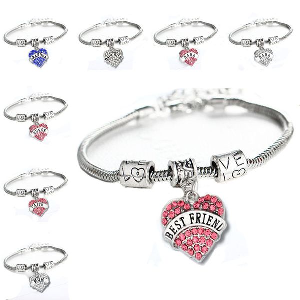 Diamond Love Heart Bracciale Crystal Mom Zia Figlia Nonna Believe Hope amici charm Bracciali donna bambini Gioielli di moda Will e Sandy