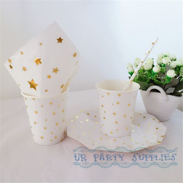 

wholesale- 40 sets eco-friendly wedding table setting star gold hexagon paper plates gold star foil napkins cups straws for baby shower