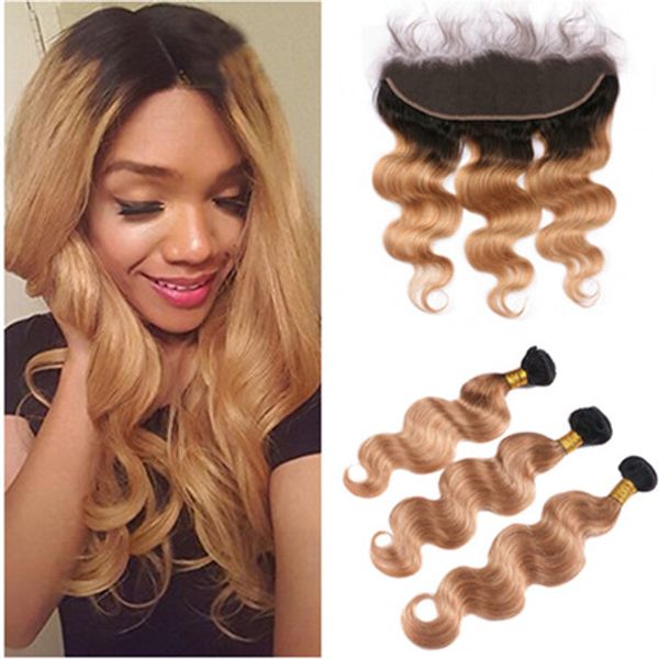 Peruvian Light Brown Ombre Human Hair With Frontal Wavy 1b 27