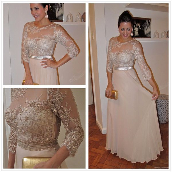 

Elegant 3 4 long leeve chiffon evening dre e illu ion lace beaded floor length formal prom party gown