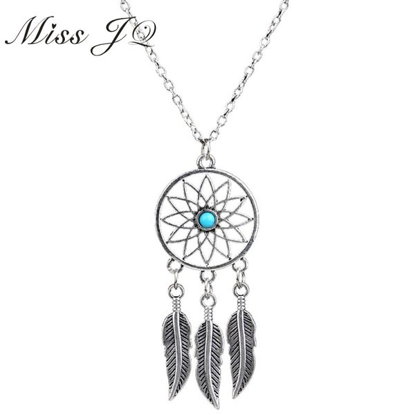 

wholesale- vintage dream catcher necklace silver chain leaves feather turquoise pendant necklace for women bohemia jewelry