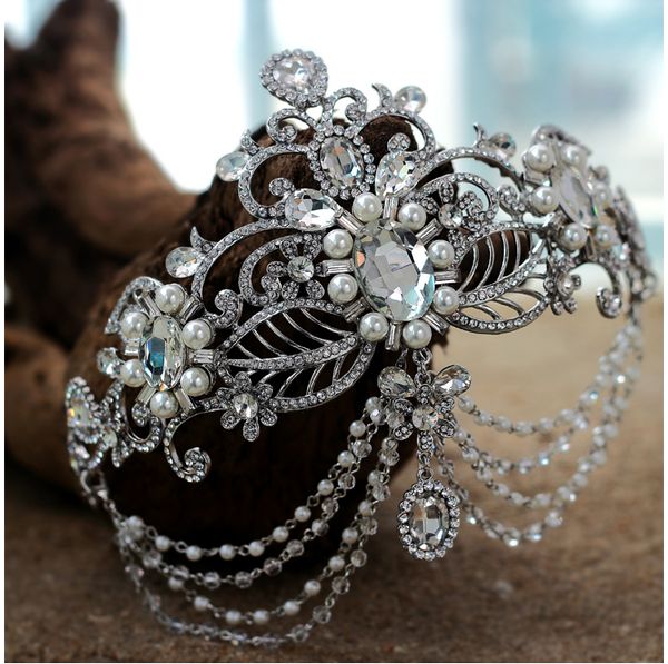 

100% Новый Свадебный Кристалл Rhinestone Pearl Silver Crown Frontlet Повязки Тиара Головной Убор Акс