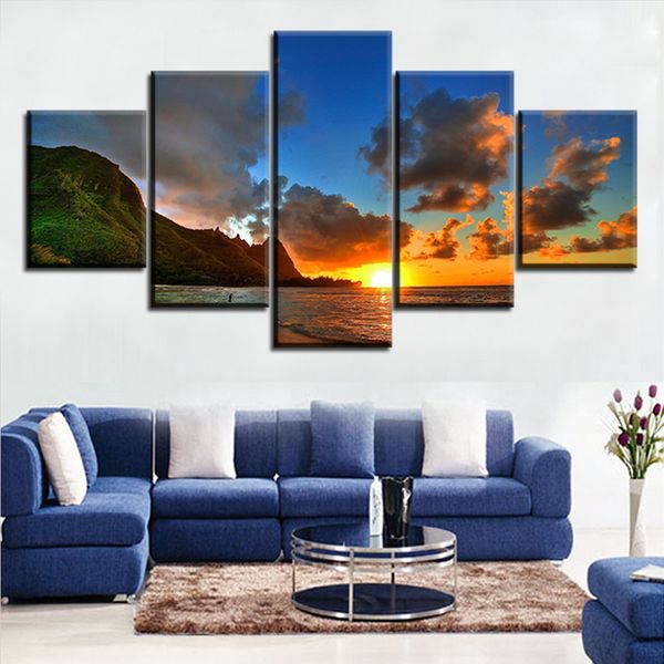 

5 panel modern printed blue sunset hawaii canvas prints wall art modular pictures for living room decorations artworks cuadros