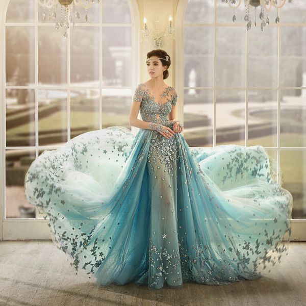 Wunderschönes, elegantes Kristall-Abendkleid mit Handschuhen, transparenter Ausschnitt, Applikationen, kurze Ärmel, Abendkleider, durchsichtiges Meerjungfrau-Kleid mit rotem Teppich