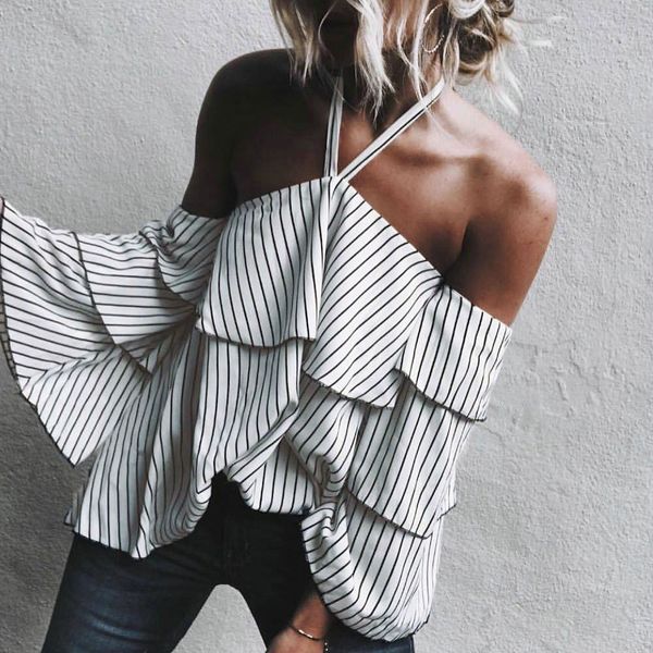 

Womens Ladies Sexy Casual Halter Loose Striped Long Sleeved Open Cold Shoulder Tops Shirt Blouse