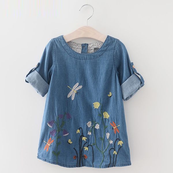 

girls denim dress 2017 children clothing spring casual style girls clothes butterfly embroidery dress kids clothes, Red;yellow