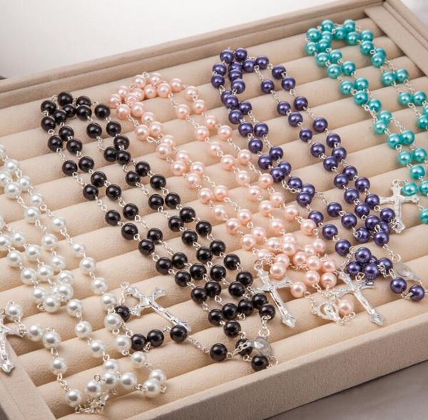 

10pcs/lot rosary beads pearls necklace the christian cross necklace beads pendant necklaces 2017 christmas jewelry in stock, Silver