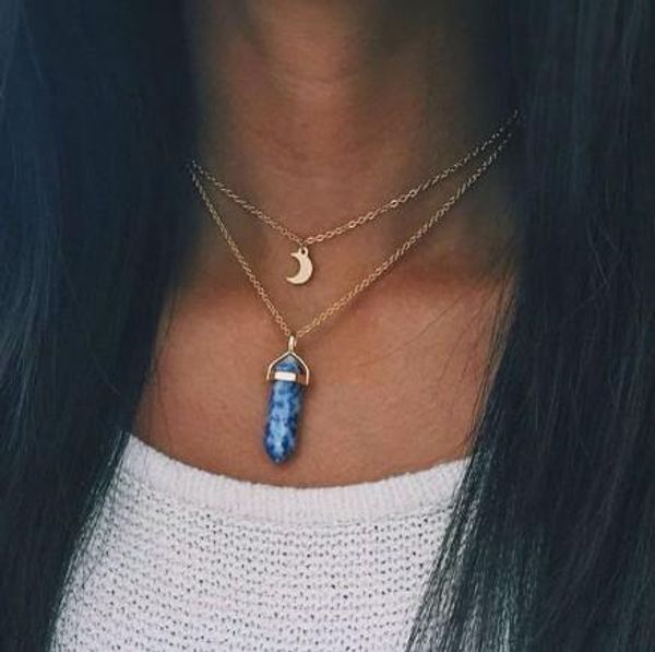 

punk womens collar necklace 2 layered gold plated last piece bullet stone crescent moon pendant choker necklaces, Golden;silver