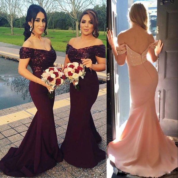 Vestidos de dama de honor con hombros descubiertos y lentejuelas 2017 Chrmaing Mermaid Vestidos largos sin espalda para invitados de boda Vestidos de dama de honor bonitos más nuevos