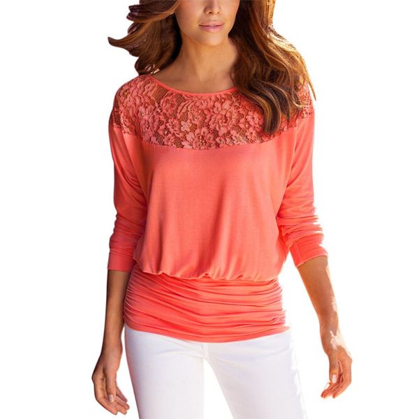 

wholesale- women chiffon shirt lace stitching loose t-shirt solid color three quarter sleeve women tee lj7253e, White