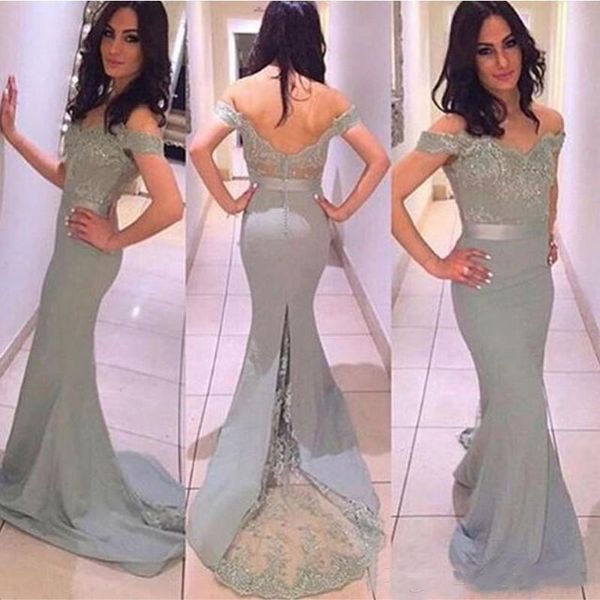 Elegante abiti da damigella d'onore lungo grigio per matrimonio sexy off spalla mermaid cameriera dei abiti da onore retro pulsanti coperti vestiti da partito formale