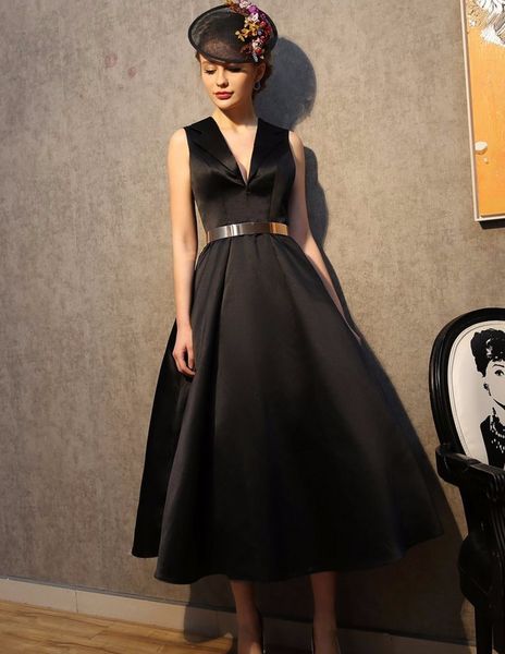 

vestido de noiva elegant black prom dresses 2017 ball gown v-neck tea length black evening party gowns new summer grils dress