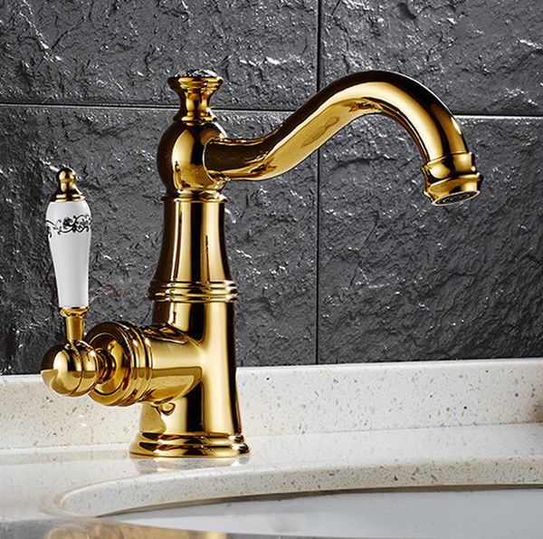 

wholesale and retail long spout quality bathroom sink faucet with brass golden single handle single hole / luxury bathroom mixer tap sale