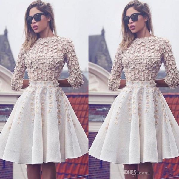 

2019 homecoming dresses full 3d floral appliques sheer short evening party gowns cocktail dress with sleeves, Blue;pink