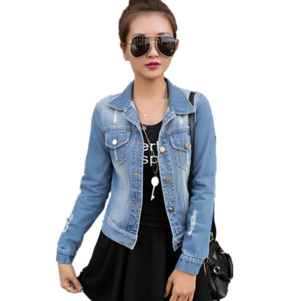 

wholesale- s-xl autumn long sleeve women denim jacket frayed jeans jacket women oversized jean coat plus size women outwear new fashion, Black;brown