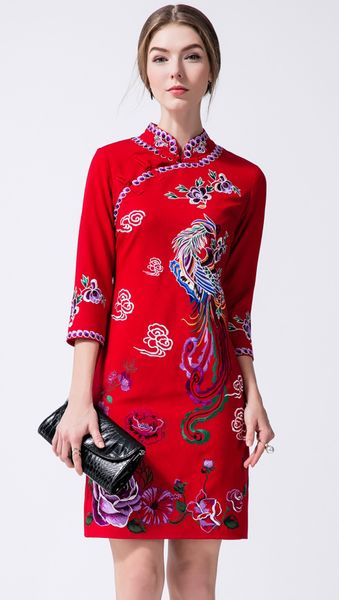 

vintage embroidery women sheath dress elegant 3/4 sleeve dresses 014a675a, White;black