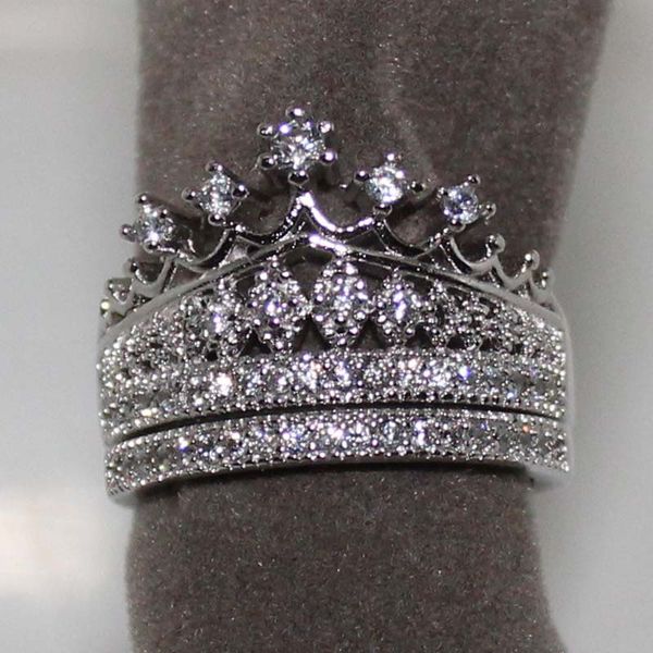 

women crown zircon crystal wedding ring set vintage k white gold plated filled with inlay cz diamond party gift, Silver
