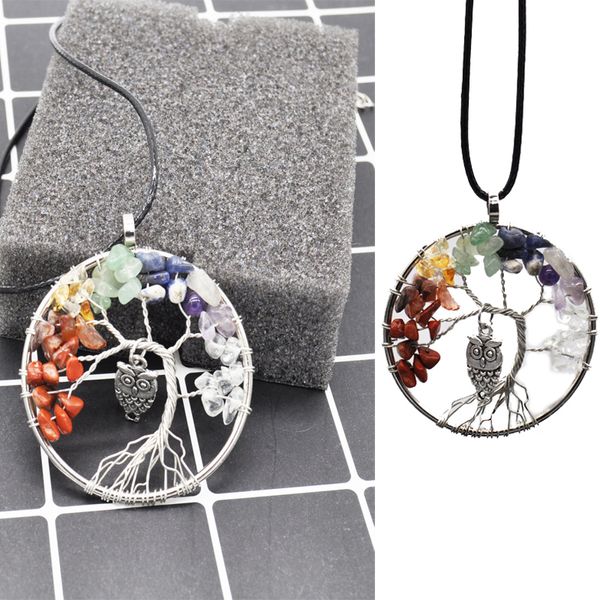 

2 стили цепи многоцветный чакра натуральный камень дерево жизни кулон ожерелья сова круглый ожерелье ювелирные изделия рождественские подарк, Silver