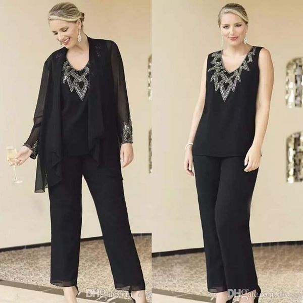 Preto Três Peças Mãe da Pant Bride Suits V Neck mangas compridas Jaqueta Vestido de convidado de casamento Chiffon Plus Tamanho Vestidos de noite frisados