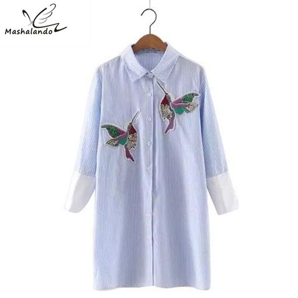 

wholesale- 2017 fashion women mini dresses striped bird embroidery turn-down collar three quarter sleeve causal brand vestidos, White;black