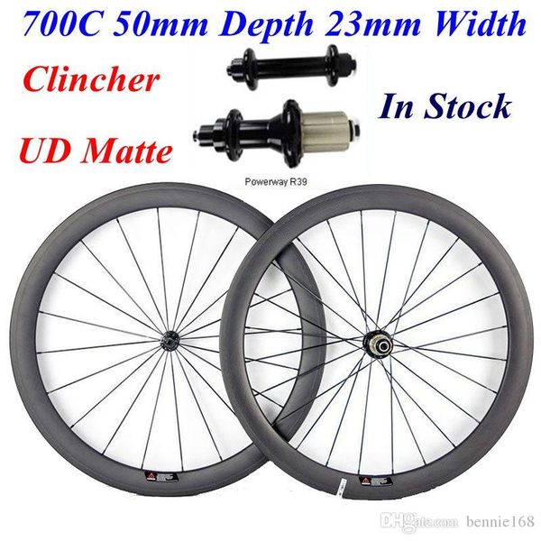 Bicicleta de carretera 700C 50mm de profundidad 23mm de ancho ruedas de bicicleta de carbono juego de ruedas UD mate llantas para cubiertas con bujes Powerway R39
