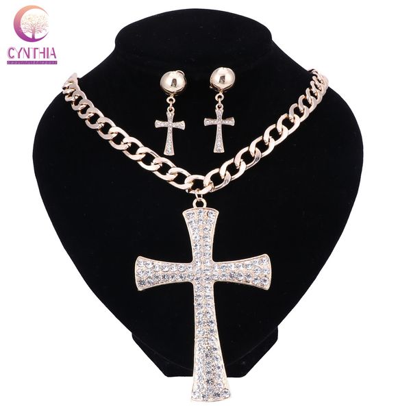 

gold silver cross crystal pendant fashion elegant jewelry set for women girls choker necklace earring collier femme, Black