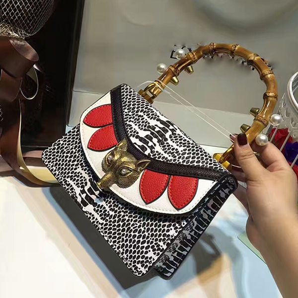 

bamboo handle bag Genuine Leather Broche handbag luxury brand fox head buckle pearl luxury shoulder bags Snakeskin high quality women bag