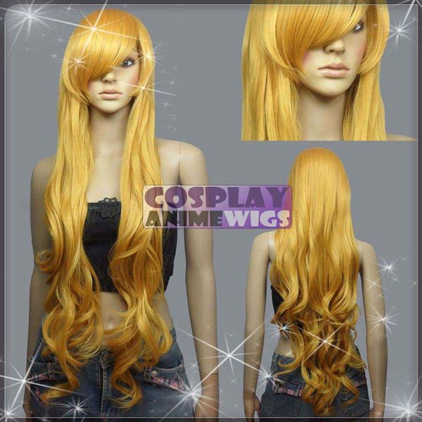 

100cm golden blonde heat styleable curly wavy long cosplay wigs n_953, Golden;white