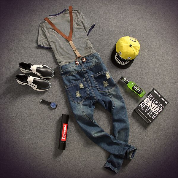 

mens distressed jeans ripped jumpsuit denim overalls men baggy cargo pants with suspenders bib for k121, Blue