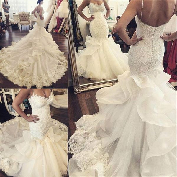

2017 stylish mermaid wedding dress spaghetti straps lace-applique backless covered button charming ruffles chapel train wedding gowns, White