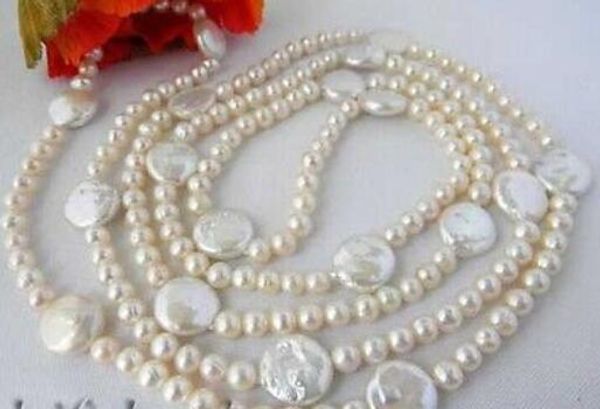 

50'' 14mm white round coin freshwater pearl necklace, Silver