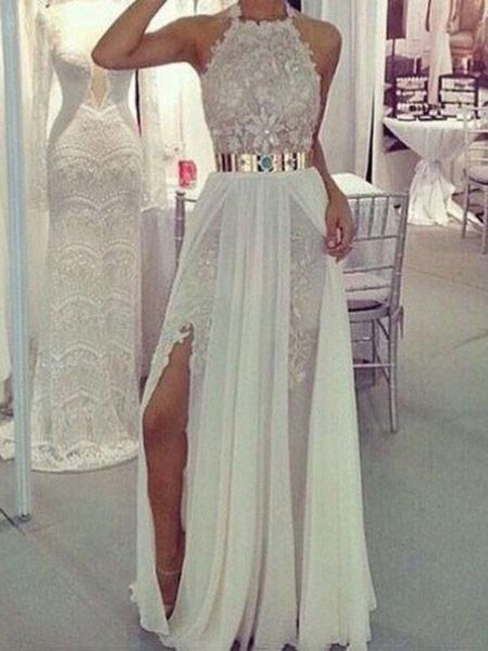 

2021 evening dress white sheath/column halter lace chiffon with sashes / ribbons floor-length prom dresses, Black;red
