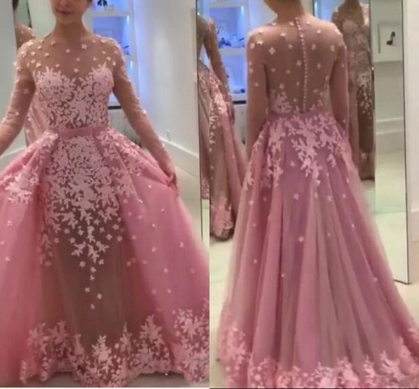 

2018 pink long sleeves dresses evening wear with detachable train sheer prom dress long sheath appliques tulle celebrity party gowns, Black;red