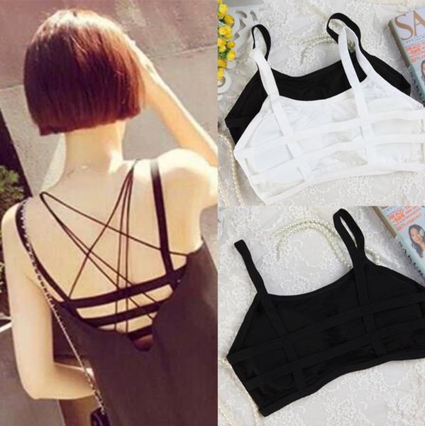 

women girl stripe strap back vest bra summer tube tank wrap bandeau camisole crop with pad black white