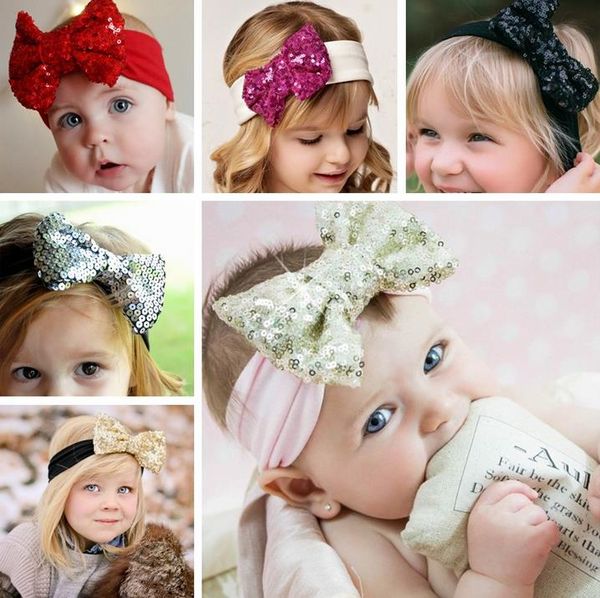 

13 colors cute baby sequins bowknot headbands girls bow hair band infant kids lovely headwrap children sequins shinning bow knot hair access, Slivery;white