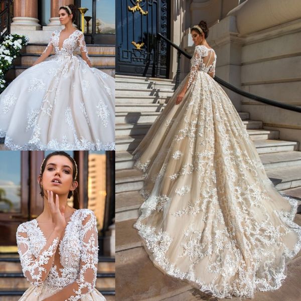 Luxo manga longa vestidos de casamento mergulho decote Lace Applique cristal Design 2019 vestidos de noiva tribunal trem modesto vestido de noiva