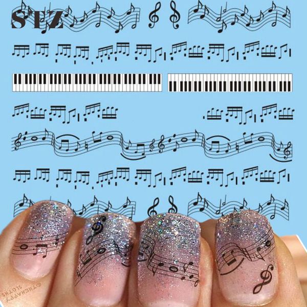 Wholesale- STZ 1 Sheets Hot Nail Designs Black Music Note Printing DIY Nails Toes Women Nail Art Sticker Decals Tattoos Tools #New