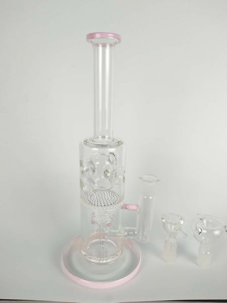 Narghilè con bordo rosa, bong in vetro e tubi in vetro, alti, 30 cm, diametro del tubo di 6,0 cm, dimensione del giunto: 18 mm