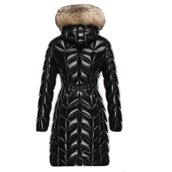 Jaqueta longa feminina de náilon com capuz de pele feminina com zíper e inverno fino outwear moda menina gola alta casaco acolchoado quente