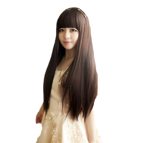 

woodfestival long black wig with bangs brown straight wigs for women hair neat bang synthetic fiber cosplay