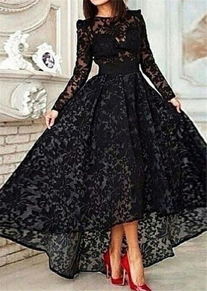 

long sleeve formal dresses vestido de festa longo sale 2019 new black lace evening dresses high low prom dresses, Black;red
