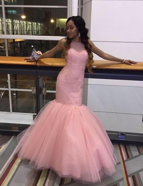 

sparkly long mermaid pink prom dresses beading tulle floor length new stunning party gowns custom size, Black