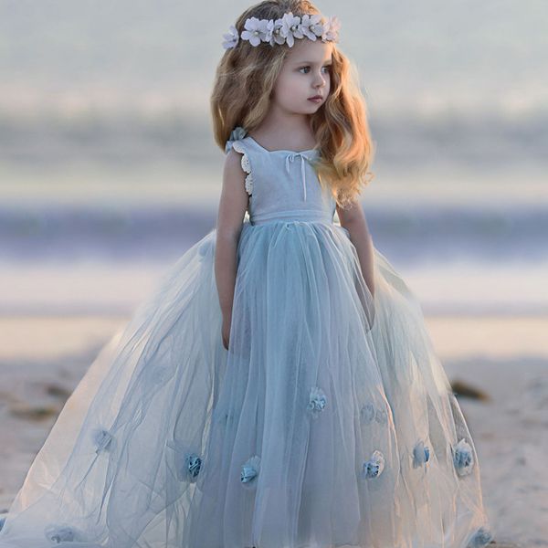 Adorável Bebê Azul Princesa Alta Baixa Flor Meninas Vestidos de Spaghetti Strap Mão Flor Primeira Comunhão Vestido De Tule Pageant Vestido Para As Crianças